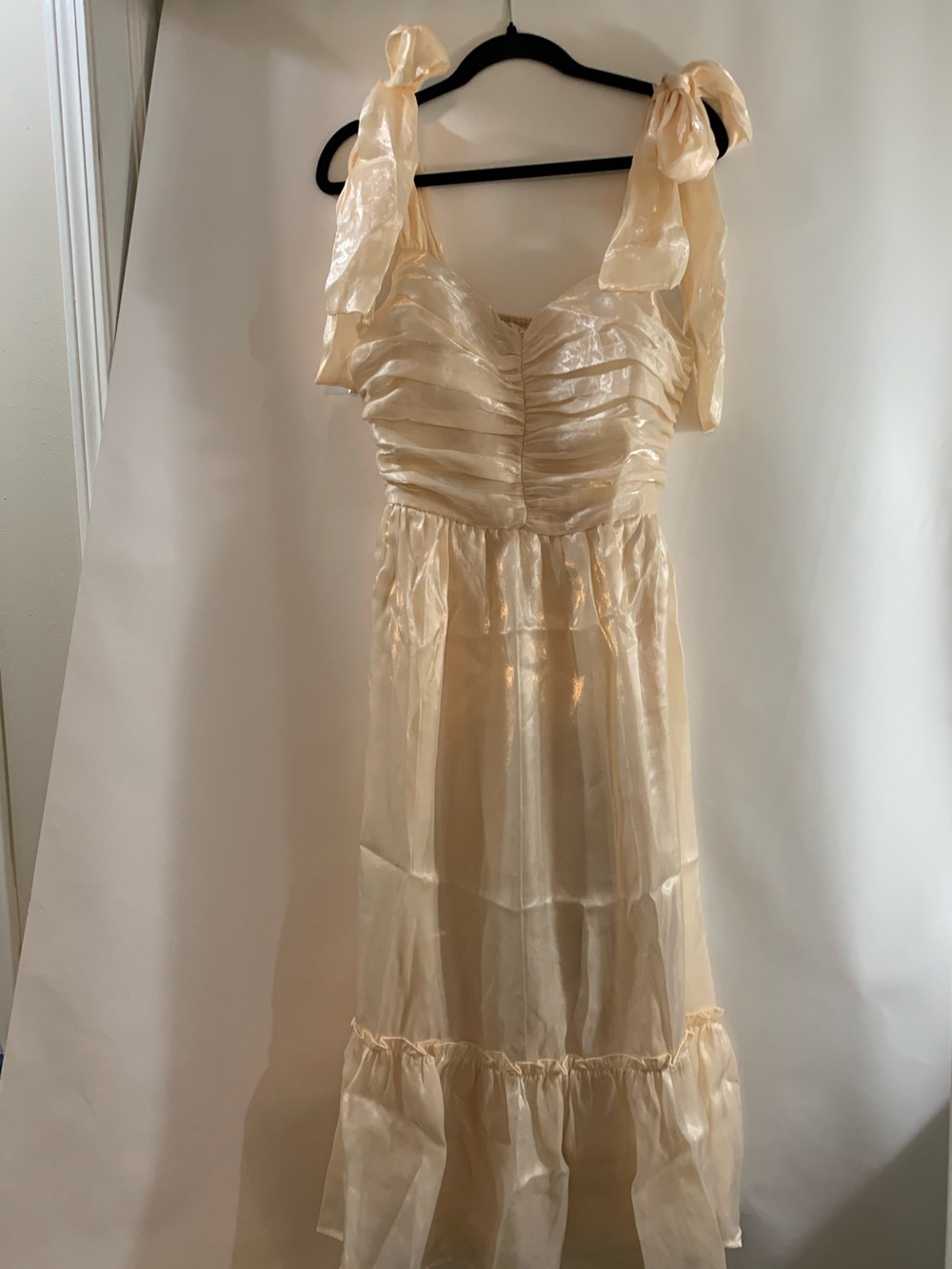 In February Romantic Cream Maxi Dress with Ruched Bodice and Tie Straps